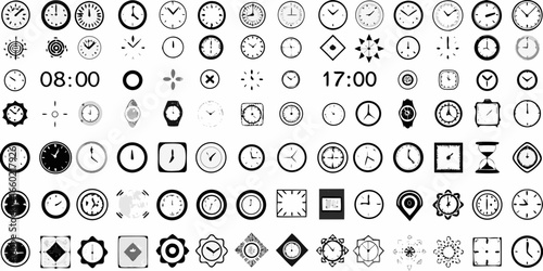 Collection of Black and White Clock Illustrations for Time Management Concepts