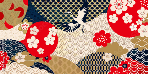 Japanese Traditional Pattern Design with Cranes and Flowers