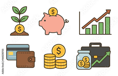 Financial growth and savings icons set featuring wallet, piggy bank, and stocks