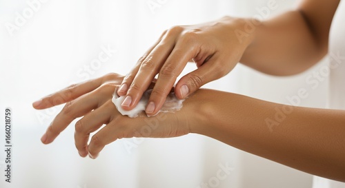 A persons hands applying white cream to their skin