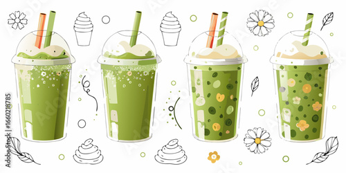 Set of Matcha Drinks in Takeaway Cups