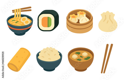 Assorted asian cuisine: ramen, sushi, dumplings, rice, soup