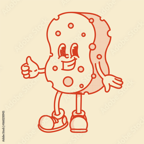 Cute retro sponge mascot with face and legs. Cartoon vector illustration for cleaning, bath, kitchen themes