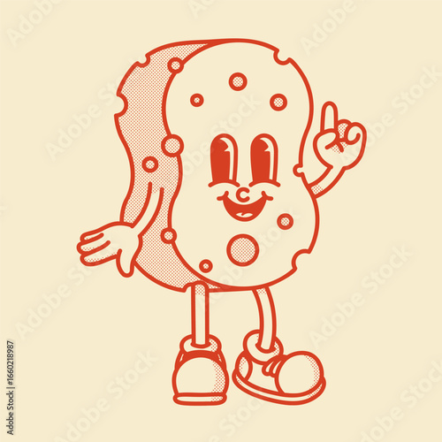 Cute retro sponge mascot with face and legs. Cartoon vector illustration for cleaning, bath, kitchen themes