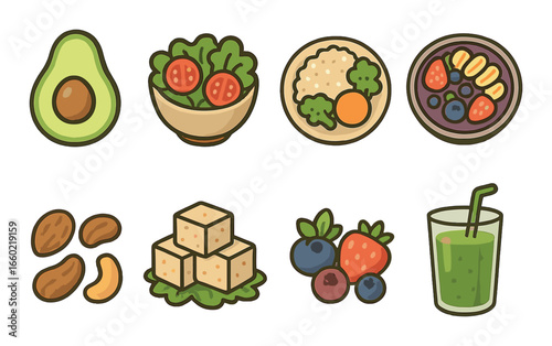 Colorful array of healthy vegan foods including avocado, salad, grains, and smoothie