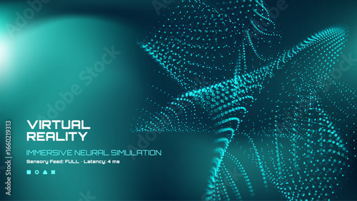 Virtual reality immersive neural simulation display with particles forming abstract shapes on a tech background. Digital science