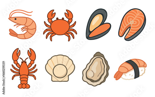 Seafood variety: shrimp, crab, mussel, salmon, lobster, scallop, oyster, sushi icons