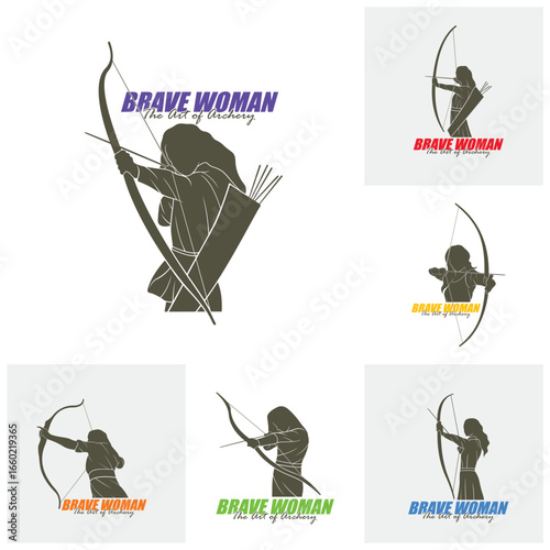 Set of Archer Logo Design Concepts Vector. Silhouette Female Archer Template Illustration