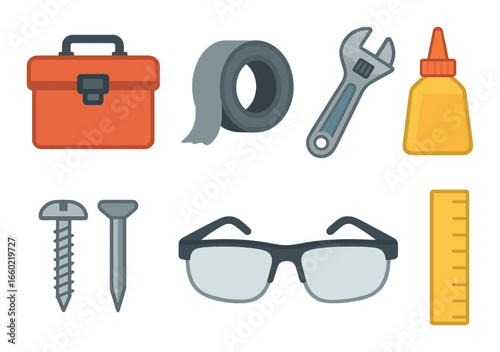 Toolbox and essential tools - wrench, measuring tape, glue, screws, safety glasses
