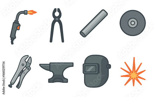 Welding tools and equipment icons with torch, pliers, and safety mask in smoky atmosphere