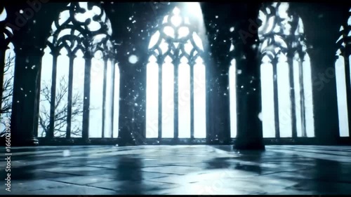 Ethereal Gothic Hall Interior with Ornate Windows and Bright Winter Light Falling Snow Dust Particles Dance in Sunbeams Reflecting on Polished Floor