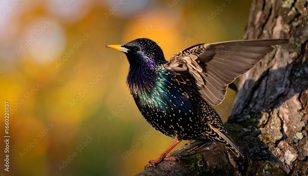 Fototapeta premium A stunning starling, its wings outstretched, perched on a tree branch bathed in golden sunlight, showcasing a vibrant array of iridescent colors.