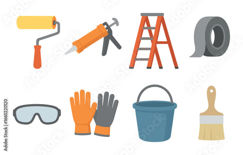 Essential home improvement tools: roller, caulking gun, ladder, tape, safety gear, brush
