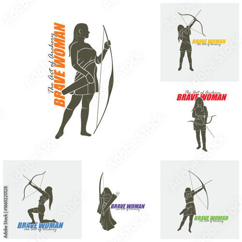 Set of Archer Logo Design Concepts Vector. Silhouette Female Archer Template Illustration