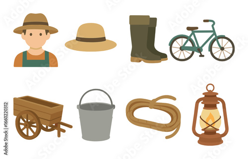 Vintage farming tools: hat, boots, bike, cart, bucket, rope, lantern icons