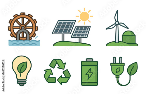 Renewable energy icons featuring solar panels, wind turbine, hydro power, and green technology symbols