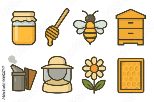 Honey bee icons: jar, dipstick, bee, hive, smoker, beekeeper, flower, honeycomb