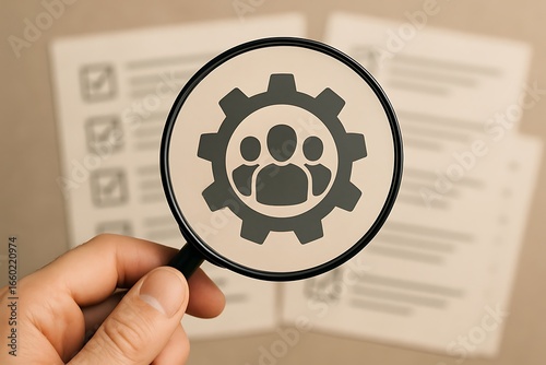 A magnifying glass with a gear and people icon over a background of documents