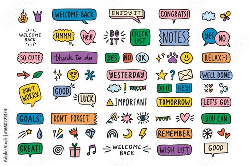 Cute planner stickers with words and tiny icons, butterfly and sparkles, colorful school doodle set, hand drawn