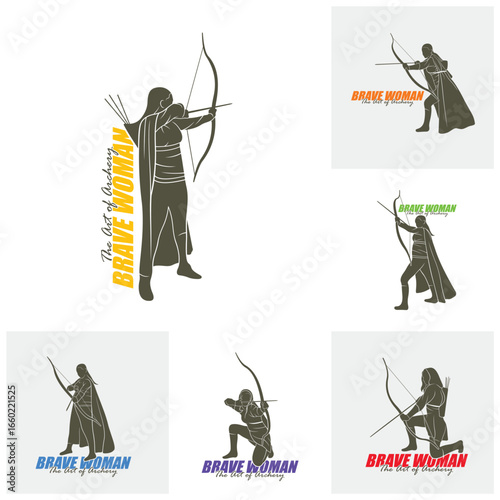 Set of Archer Logo Design Concepts Vector. Silhouette Female Archer Template Illustration