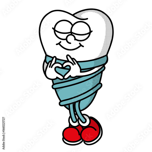 Heart-showing implant mascot - retro design promoting dental confidence and self-love through restoration