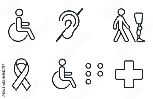 Disability awareness symbols: wheelchair, hearing, prosthetic, ribbon, braille, health cross