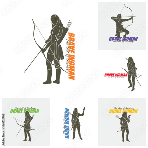 Set of Archer Logo Design Concepts Vector. Silhouette Female Archer Template Illustration