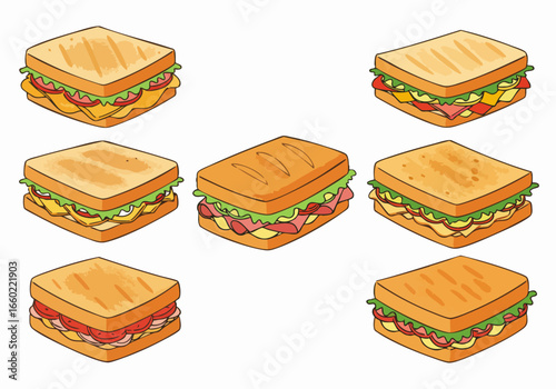 Collection of cartoon sandwiches with various fillings and bread types, isolated on white background, perfect for menu designs or food-related graphics.