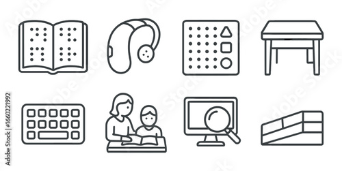 Assistive technology symbols: braille, hearing aid, keyboard, magnifier, learning