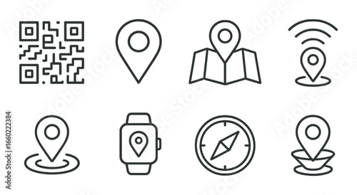 Black gps and navigation icons on grey background