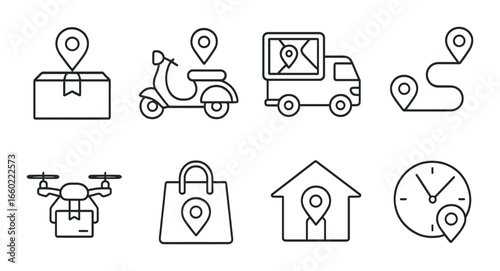 Monochrome icon set: delivery methods and tracking symbols