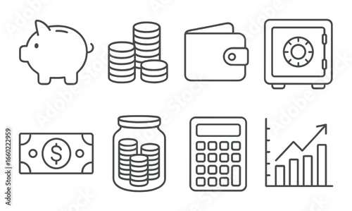 Financial icons: piggy bank, wallet, safe, money, graph, calculator