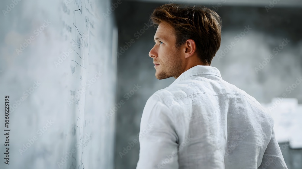 Obraz premium Focused businessman in front of a whiteboard planning a startup strategy