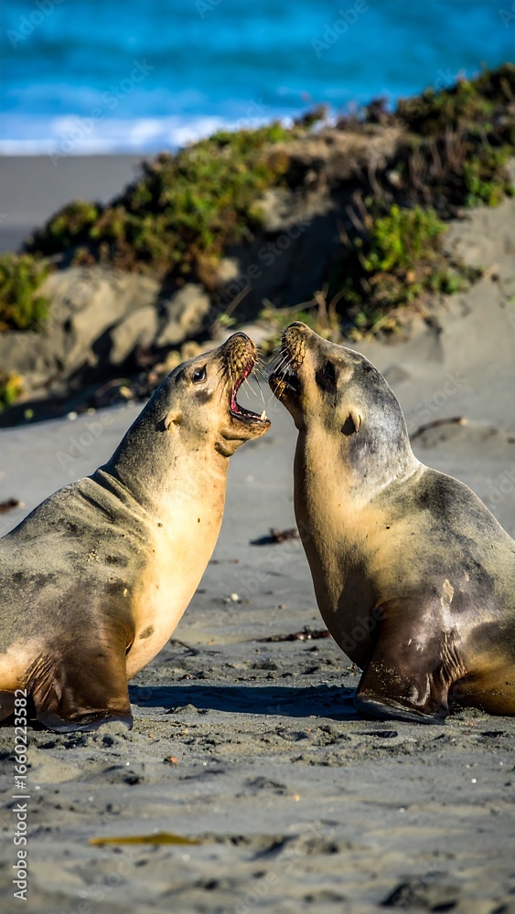 Obraz premium Two seals face off on a beach