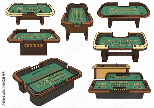 A collection of various casino game tables, including roulette and craps layouts, depicted in different perspectives, ready for gaming action.