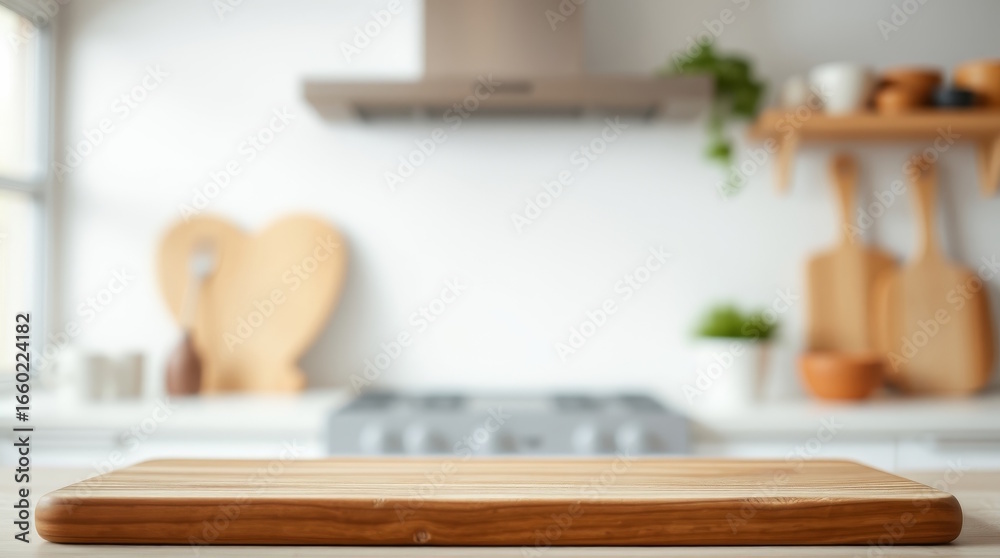 Fototapeta premium Wooden Cutting Board on Kitchen Counter with Blurred Background