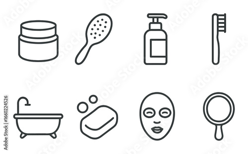 Beauty and hygiene icons: skincare, haircare, bath essentials