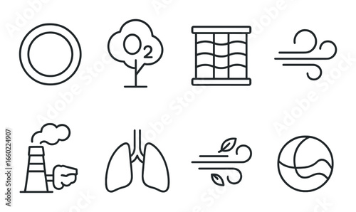 Air quality symbols: pollution, filtration, oxygen, and environmental impact icons