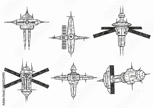 Collection of Stylized Black and White Sci-Fi Space Stations and Satellites