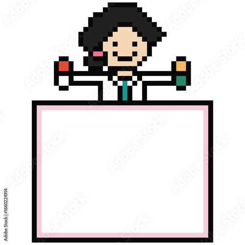 Pixel cute cartoon 8 bit character woman doctor scientist care decor pharmacist female doctor uniform blank board lady medicine hospital 8 bit woman pixel art png vector.