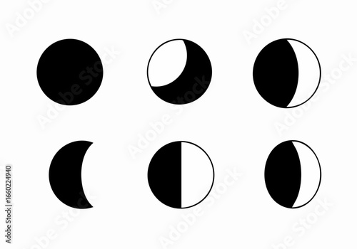 Set of Simple Black and White Moon Phases Icons Representing the Lunar Cycle Stages on a Clean White Background.