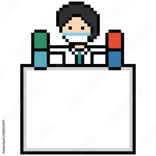 Pixel cute cartoon 8bit character man doctor scientist care medicine decoration pharmacist male doctor uniform blank board hospital 8 bit male pixel art game png vector.