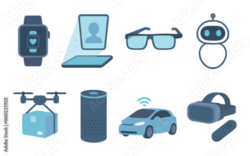 Futuristic technology icons: smartwatch, drone, vr, ai robotics, smart car, laptop, smart glasses, speaker