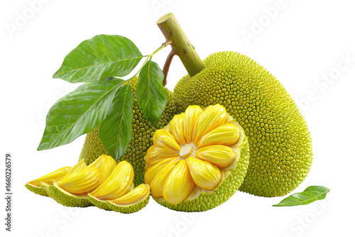 Fresh tropical jackfruit with green leaves, bright yellow flesh, and outer skin