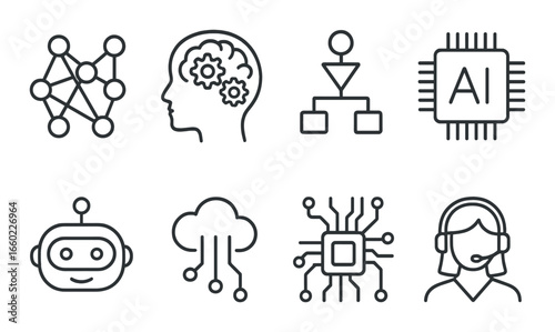 Artificial intelligence and machine learning icon set on dark background