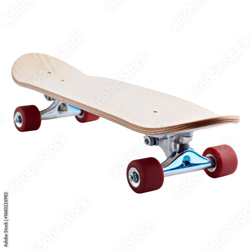 Natural wood skateboard with deep red wheels and polished metal trucks image, Isolated On Png Transparent Background