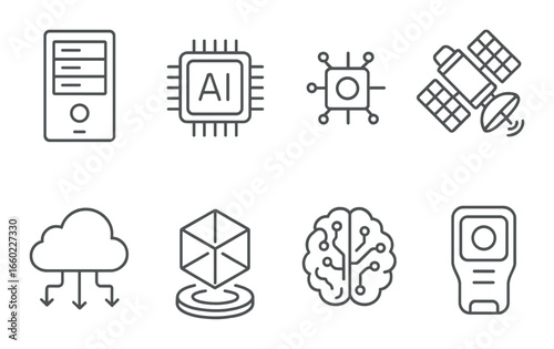 Futuristic technology icons: ai chip, satellite, cloud, and brain symbol