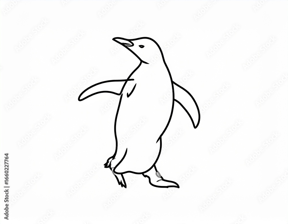 Fototapeta premium Simple black line drawing of a penguin in motion against a plain white background.