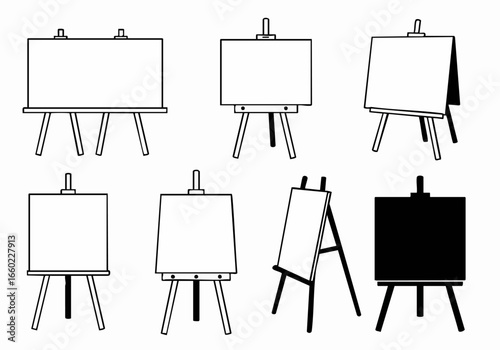 Simple Black and White Art Easel Icons with Empty Canvases for Artistic and Display Purposes.
