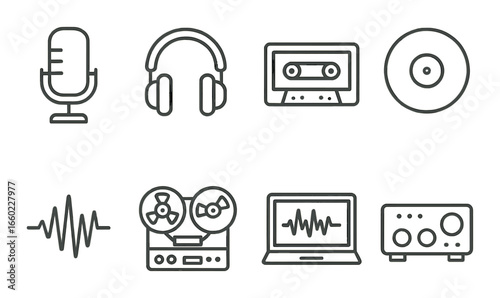 Vintage audio devices: microphone, headphones, cassette, vinyl, tape recorder, laptop, audio waves